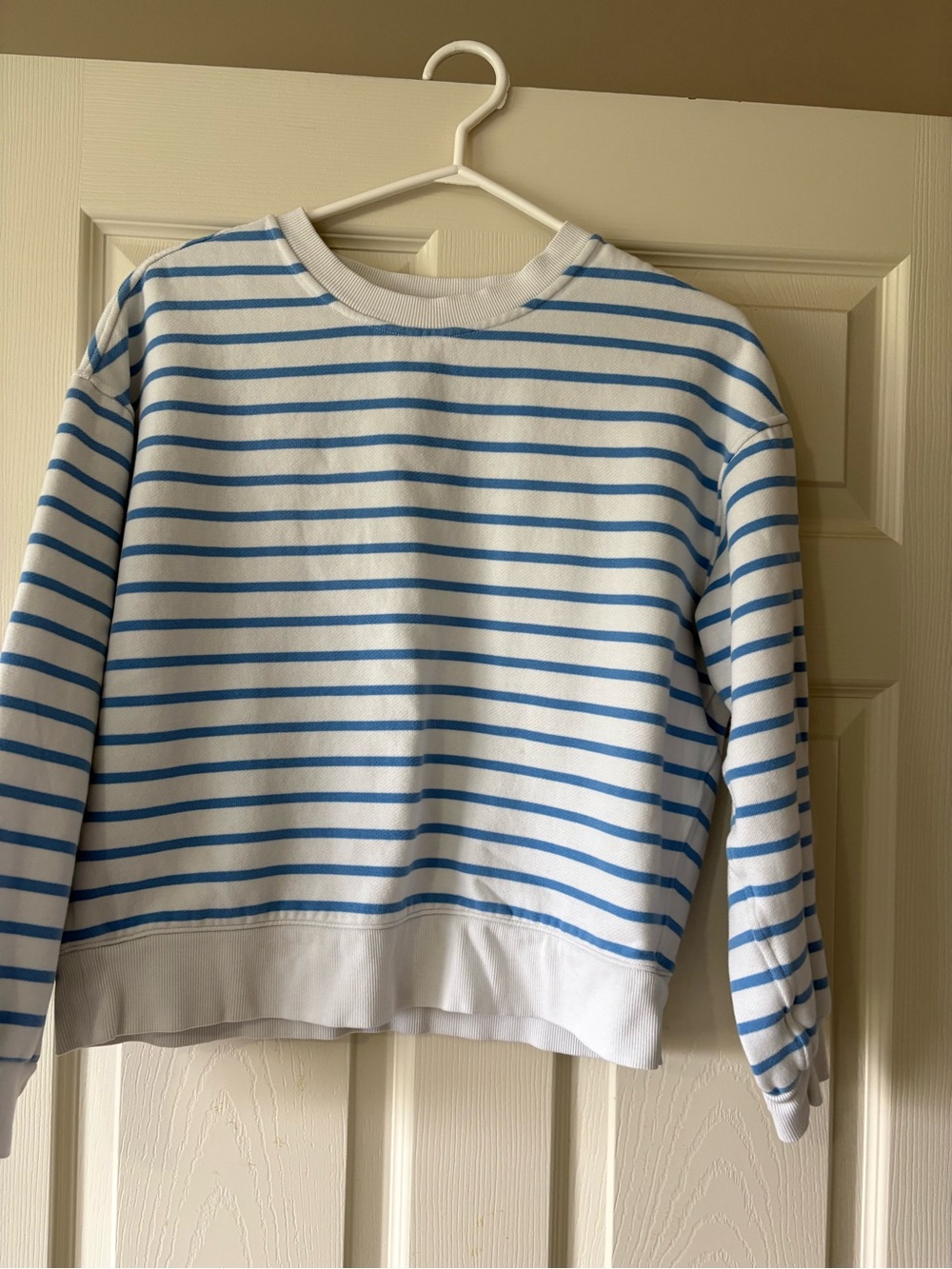 lululemon athletica White and Light Blue Striped Crewneck Sweater - women
